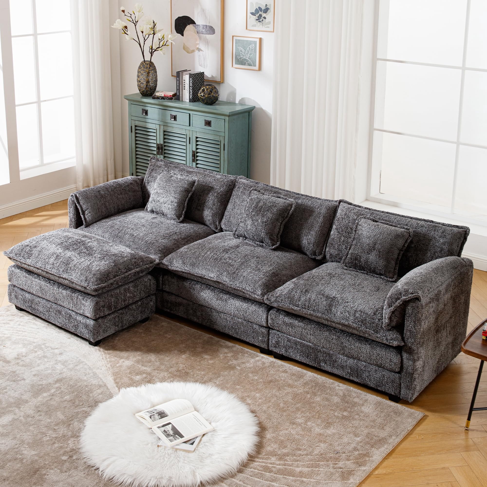 GNIXUU 112" Oversized Sectional Sofa Cloud Couch for Living Room, Modern Chenille L Shaped Couch, Comfy Boucle Modular Sofa Sleeper with Moveable Ottoman & Memory Foam (Gray)