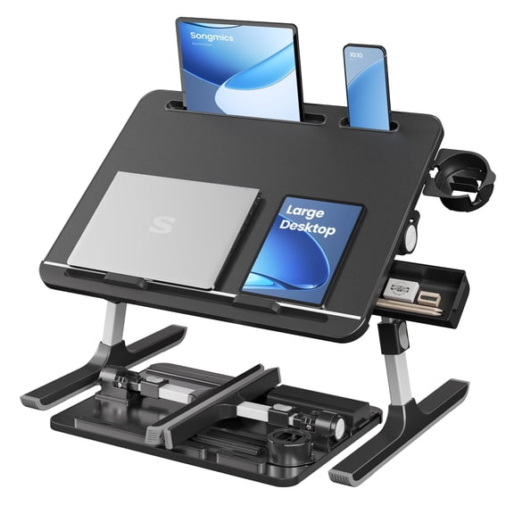 SONGMICS Bed Laptop Desk,Foldable Bed Desk for Laptop,15.7 x 22 Inches Large Desktop,120° Stepless Tilt,Adjustable Height,Cup Holder,Tray,Ink Black