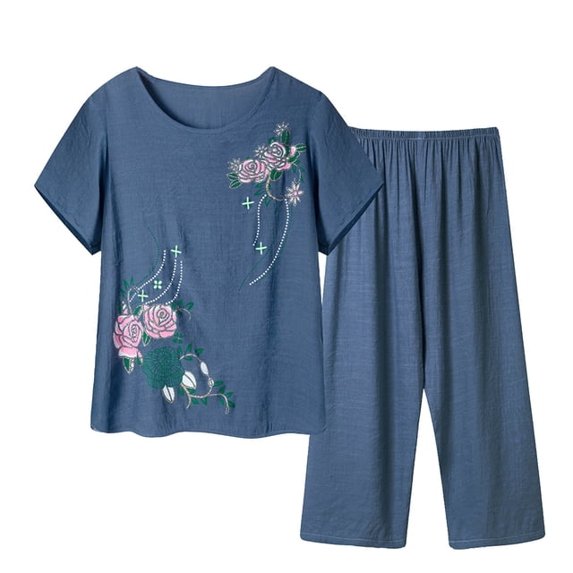 Pantalones de Mujer Traje de Verano Impreso de Manga Corta Cuello Redondo Top & Shorts Set, Delgado Y Casual de las Mujeres Pantalones Casuales