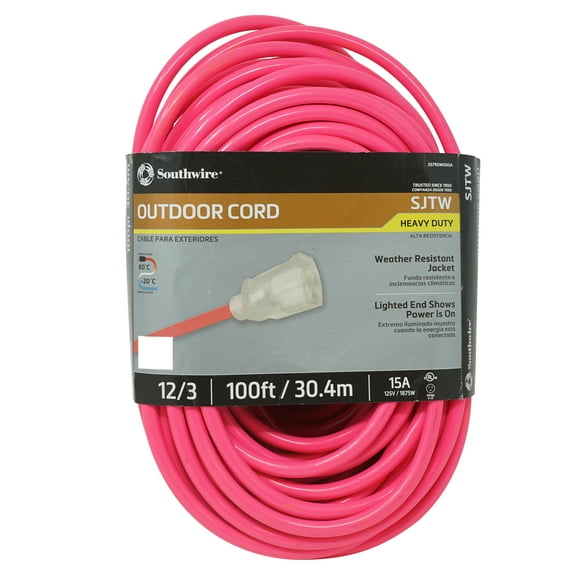 Southwire 2579SW000A 12/3 100' SJTW Neon Pink Outdoor Extension Cord