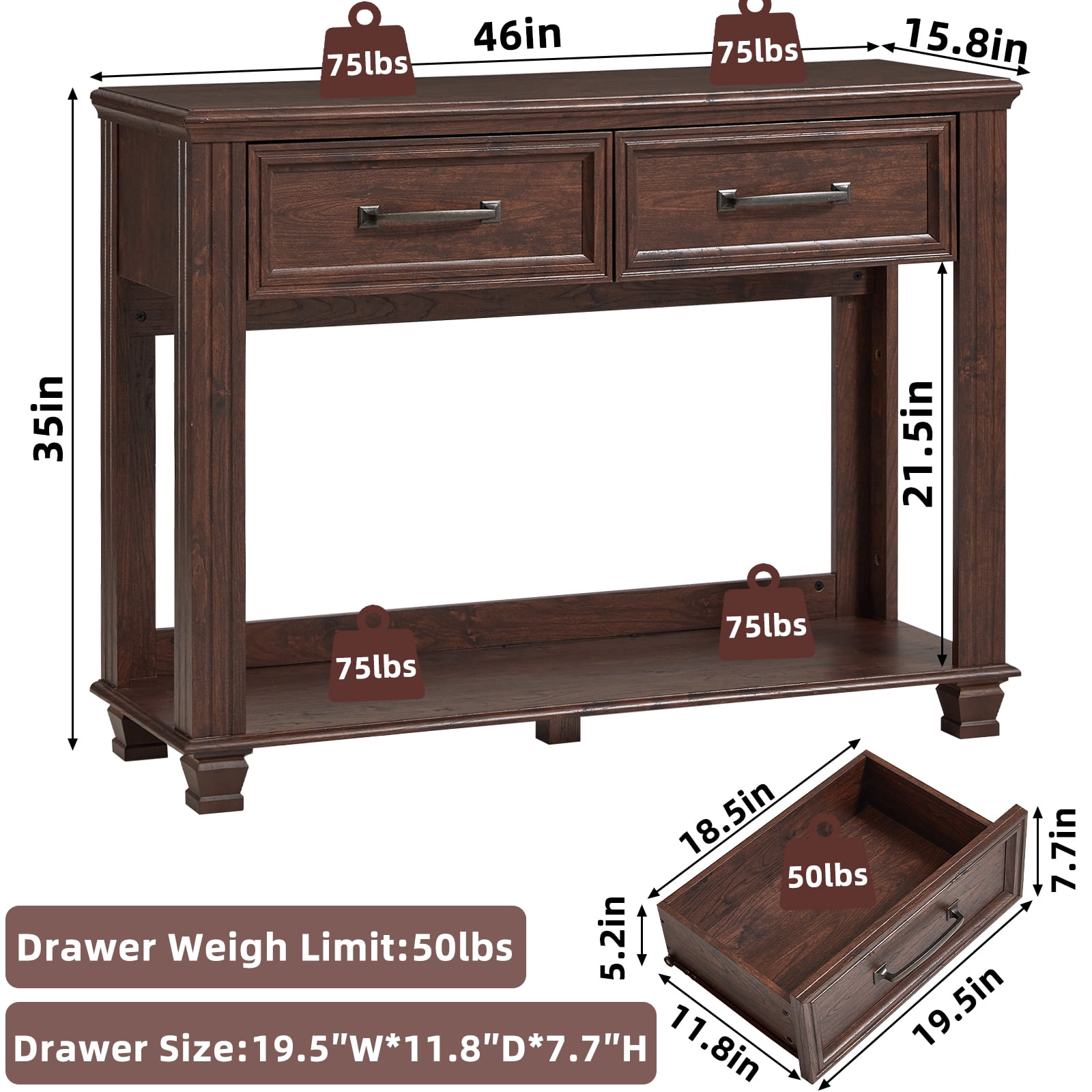 Buildhom 46" Farmhouse Console Table with 2 Drawers & Open Shelf, Rustic Wood Entryway Table for Living Room, Walnut