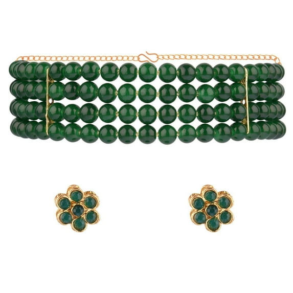 Efulgenz Beaded Choker Necklace Earrings Faux Pearl Bridal Necklace Set for Women Green Multi Layered Stranded Necklace and Stud Earrings Set Indian Jewelry Sets for Wedding Party Bridesmaid Gift
