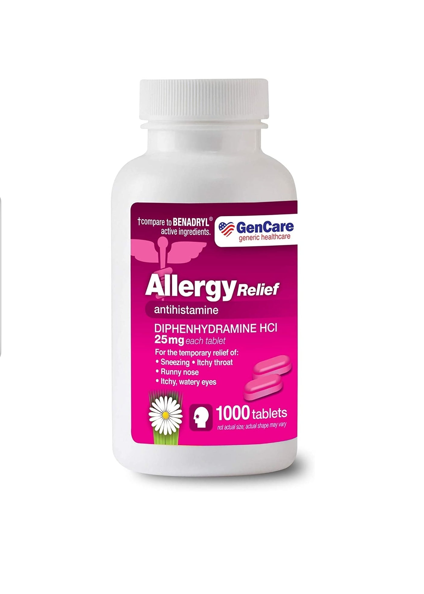 GenCare - Allergy Relief Medicine | Antihistamine Diphenhydramine HCl 25mg (1000 Tablets Per Bottle) Value Pack | Relieve for Itchy Eyes, Sneezing, Runny Nose | Seasonal or Indoor & Outdoor Allergies