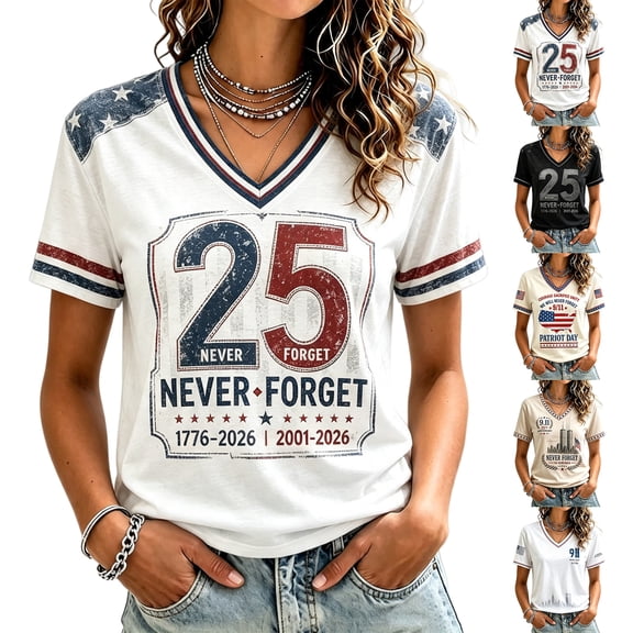 Women's Vintage 911 Memorial Shirt 25th Anniversary Never Forget American Flag V Neck Short Sleeve Honor Faith Tee