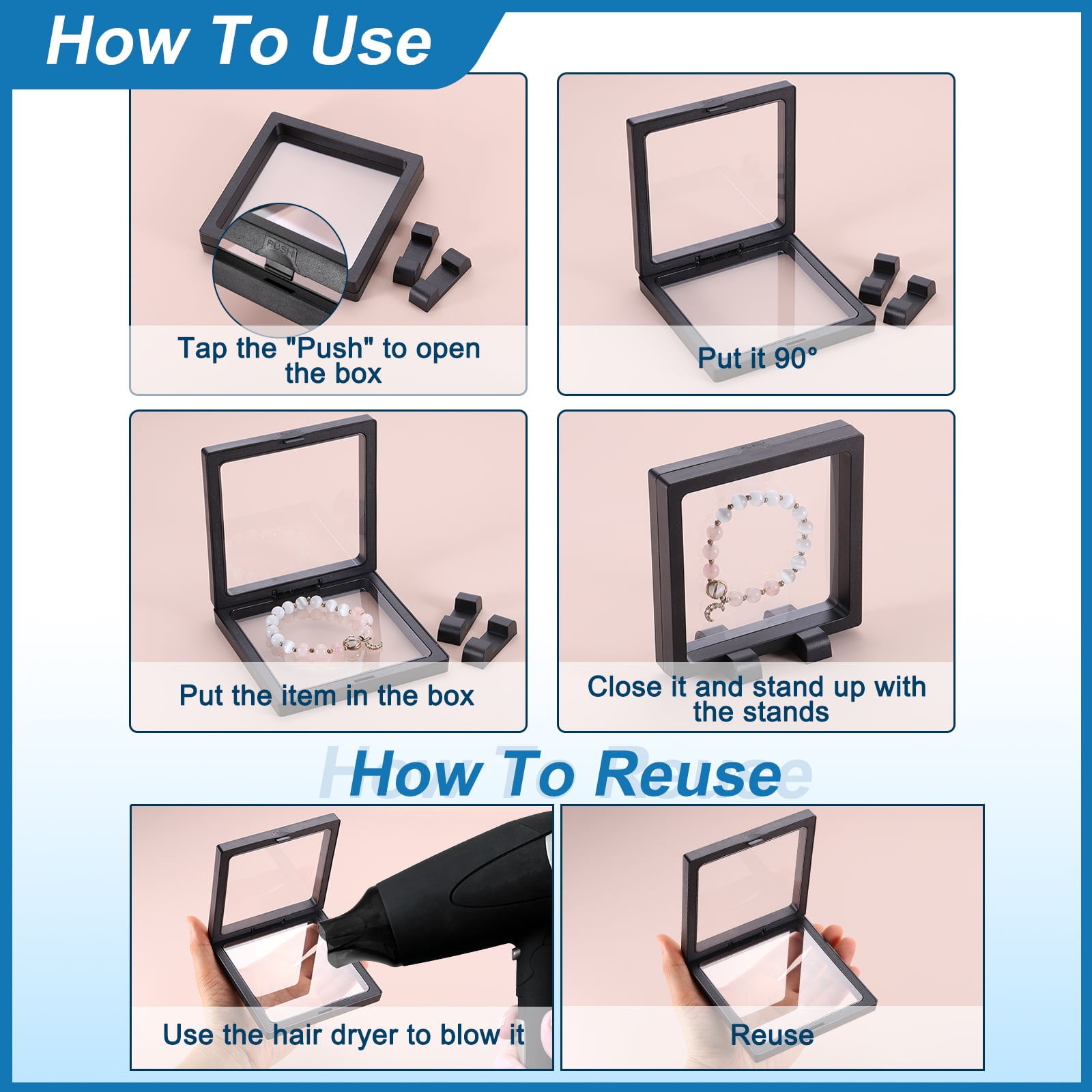 Unique Bargains 4pcs 3D Floating Display Frame Holder Jewelry Box White 7.1" x 7.1" x 0.8"