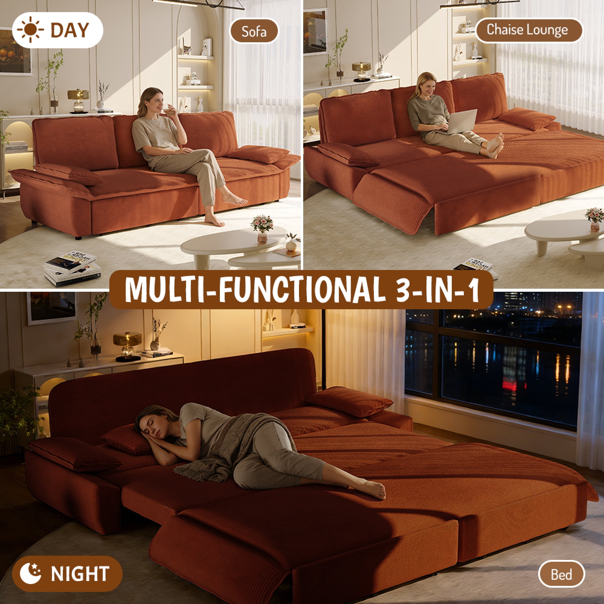 Leumius 94.5" Pull Out Sofa, King Size 3-in-1 Convertible Sleeper Sofa Bed, Multi-Functional Corduroy Bed for Living Room Bedroom Orange