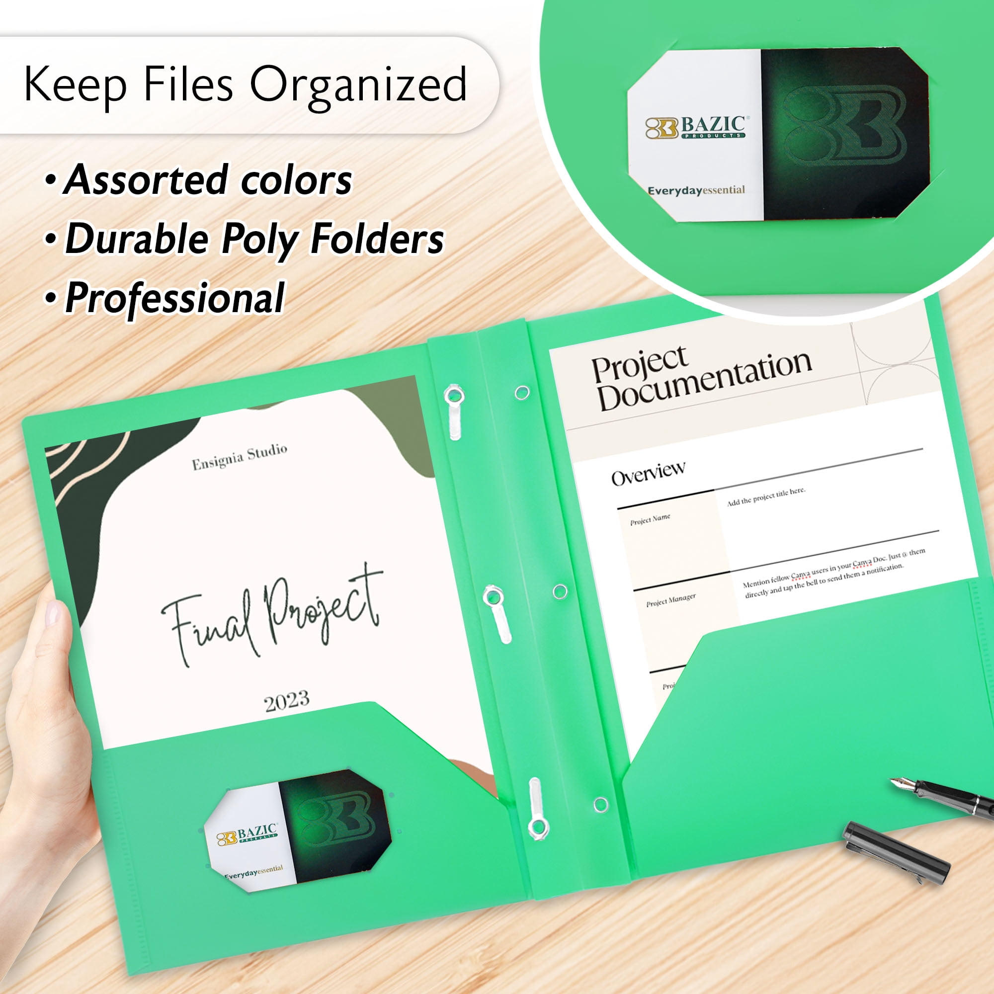 BAZIC Solid Color 2 Pocket Paper Portfolios, 3 Prong Fastener Clip Poly Folders, 48-Pack
