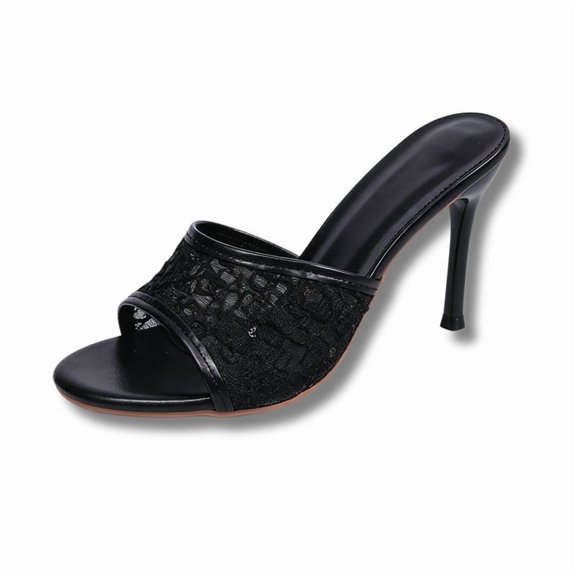 CHICVOMEY Womens Lace Letter Heel Sandals Open Toe Slip On High Heel Slides Sheer Mesh Spool Heel Party Heels for Club Wedding Evening Wear