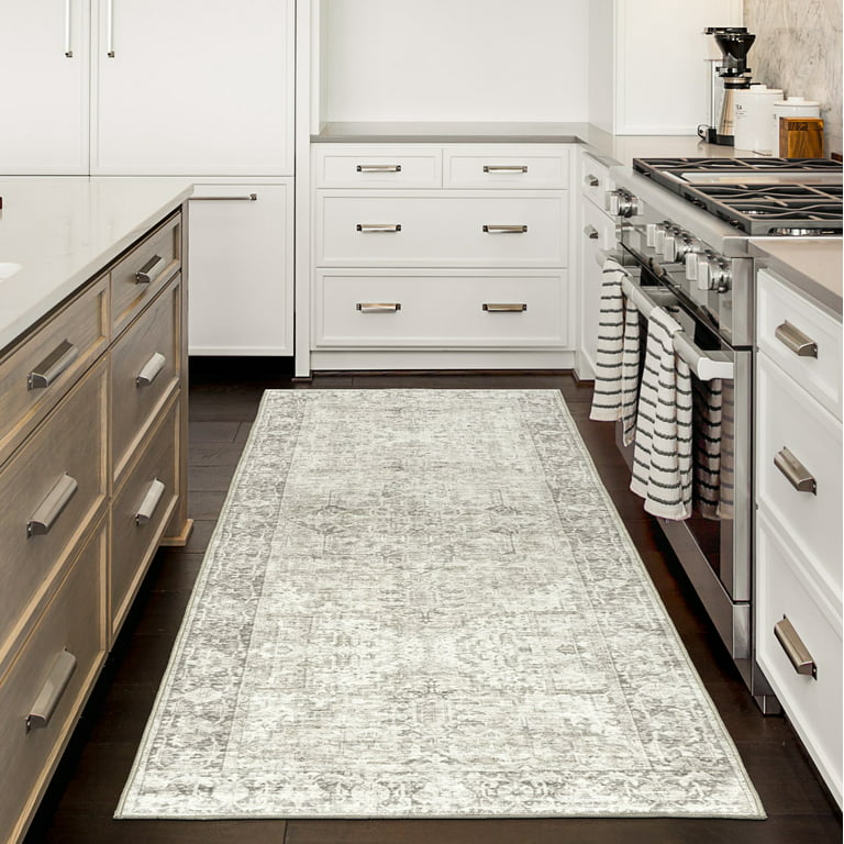Tinka Beige and Grey Traditional Distressed Washable Runner Rug