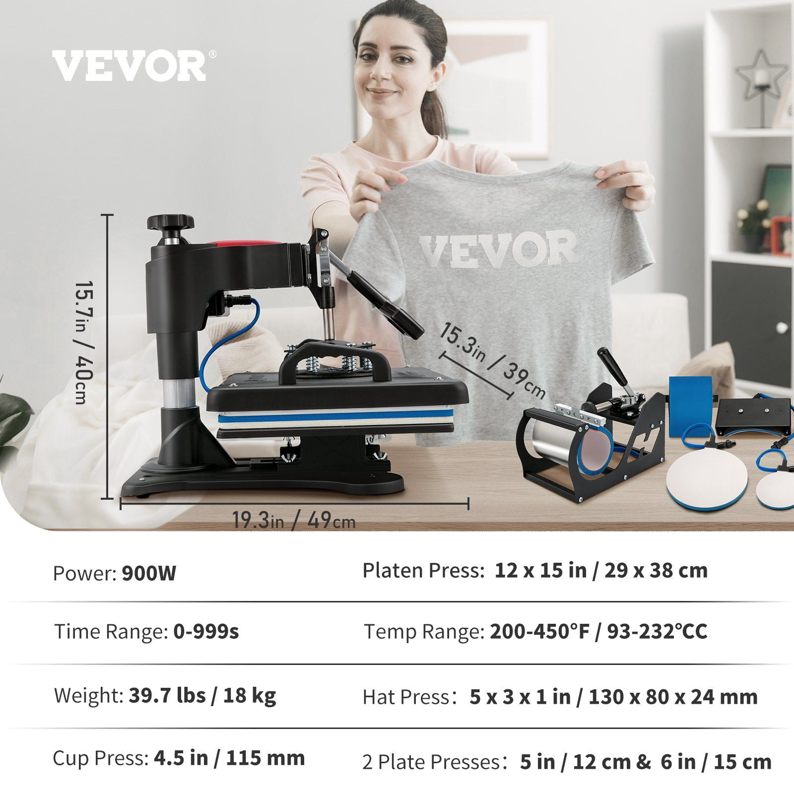 5 in 1 Sublimation Heat Press 12x15 Inch, Clamshell Transfer Printer, Fast Heat-up, Precise Digital Control for T-Shirt, Mug, Plate, Vinyl – 900W
