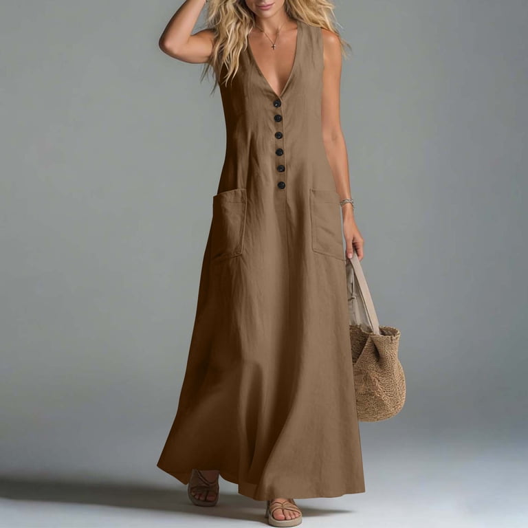 aim linen dress Qzwdhjm Linen Dress Women Button Up V Neck Maxi Dresses Sleeveless Solid Swing A Line Sundress Summer Dress for Lounge Resort Beach with Pockets,