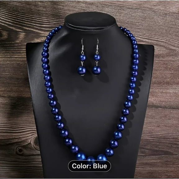 Pierced silver and blue/purple bead graduated necklace and earring set