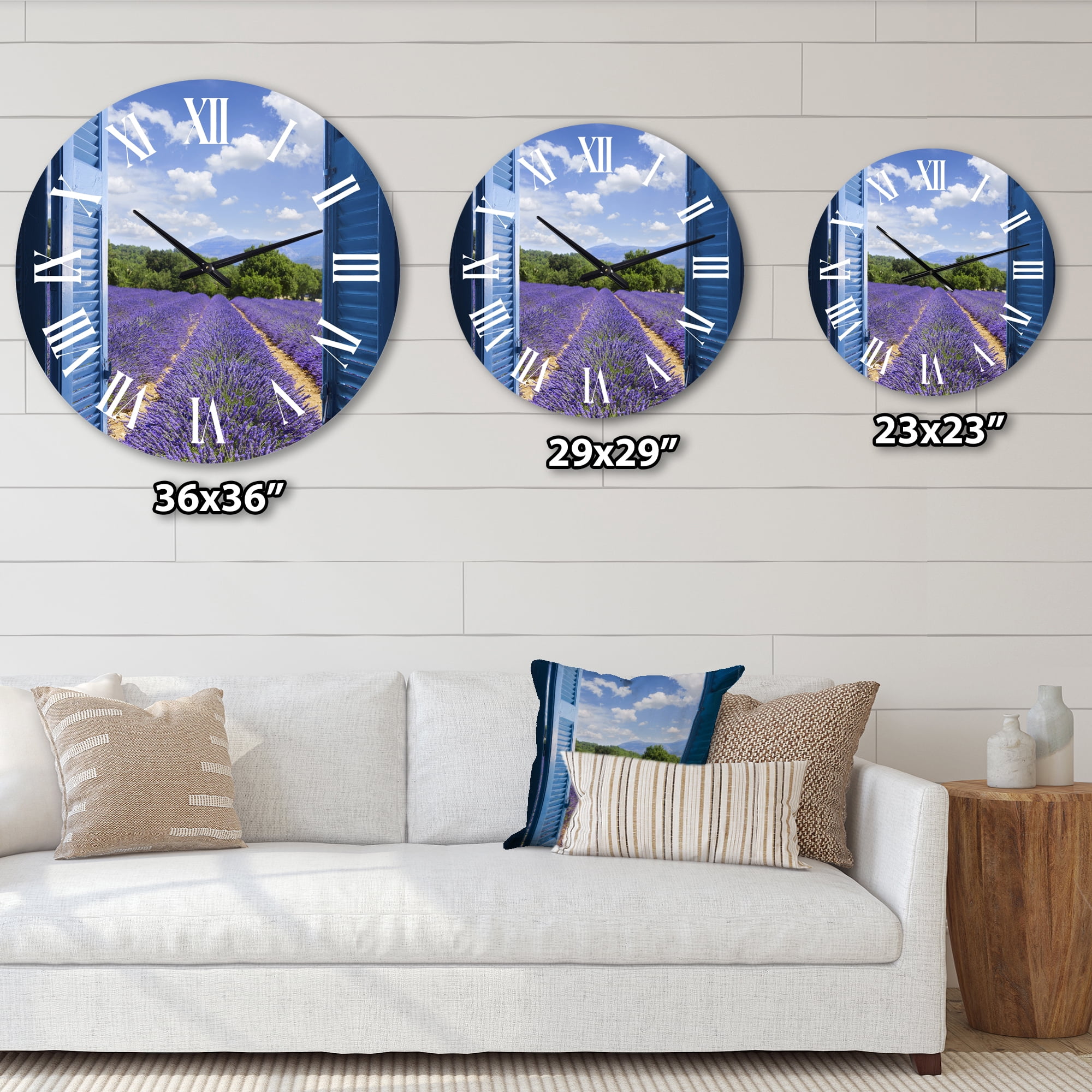 Designart 'Lavender Field Through Blue Open Cottage Window' Farmhouse Wall Clock
