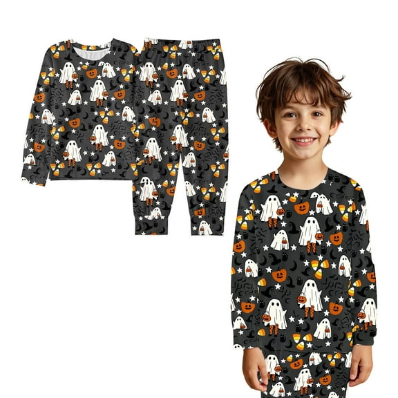 Boys Pajama Set Kids Halloween Pajamas Pumpkin Ghost Print Long Sleeve Crewneck Sleepwear Comfy Toddler Kids Matching Pajamas 3-4 Years