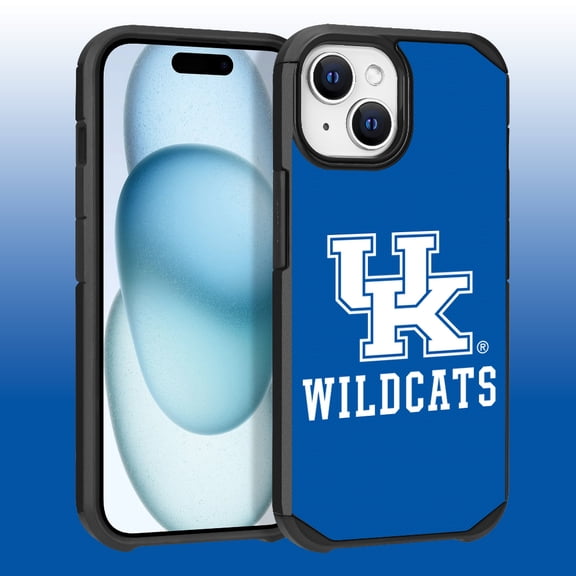 Apple iPhone 15 (6.1) / iPhone 14 (6.1) / iPhone 13 (6.1) - Licensed NCAA University of Kentucky Wildcats logo on Light Blue Textured Dual Layer Case