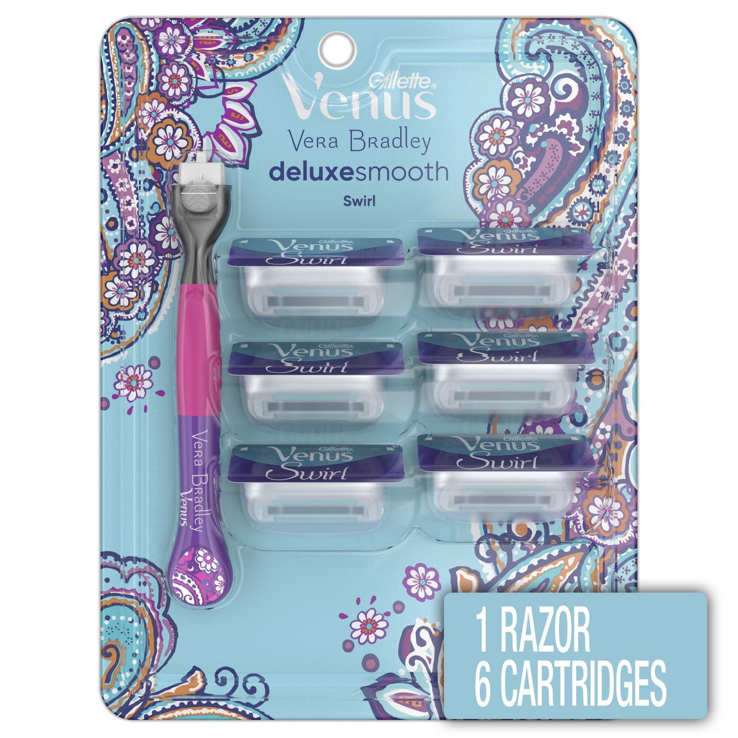 Gillette Venus Vera Bradley Deluxe Smooth Women’s Razor Handle + 6 Cartridges, 0MX