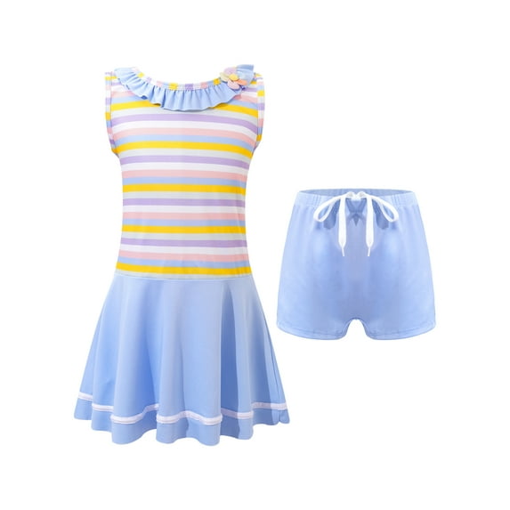 TiaoBug Two Pieces Bathing Suit for Child Girls Flounces Ruffled Sleevelss Swim Dress with Shorts Pool Beach Swimwear Blue 9-10