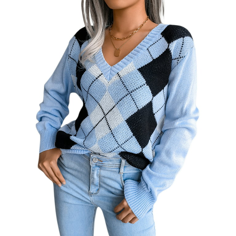 Womens Argyle Sweater V Neck Knitted Sweaters Long Sleeve Loose Jumper Tops  Pullover Crop Knit Sweater