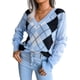 thumbnail image 1 of Mujer Suéter con estampado de rombos y cuello en V Pullover Tops Prendas de punto sueltas XBTCLXEBCO T S, Azul, 1 of 6