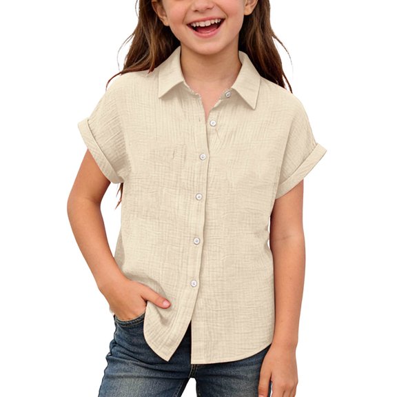 OIOLOYJM Girls Linen Shirts Short Sleeve Button Down Collared Dress Shirt Summer Basic Lightweight Breathable Lounge Tops Beige 14-15 Year