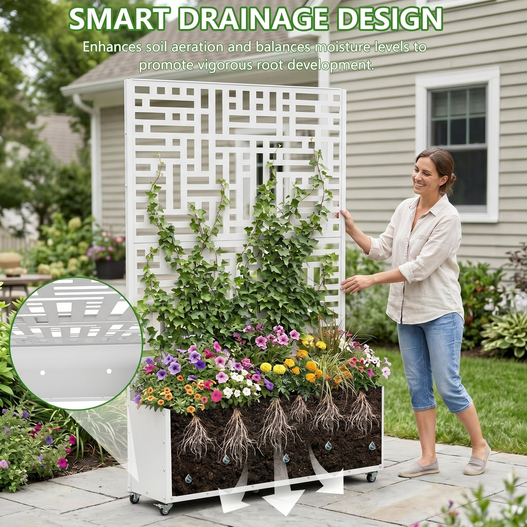 71'' H Metal Planter with Trellis and Wheels Set of 2, Outdoor Raised Garden Bed for Climbing Plants, Trellis Planter Box with Drainage Hole, White