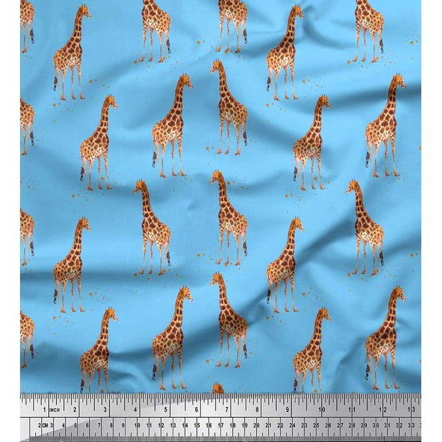 Soimoi Blue Poly Georgette Fabric Dot & Giraffe Animal Print Sewing Fabric BTY 42 Inch Wide