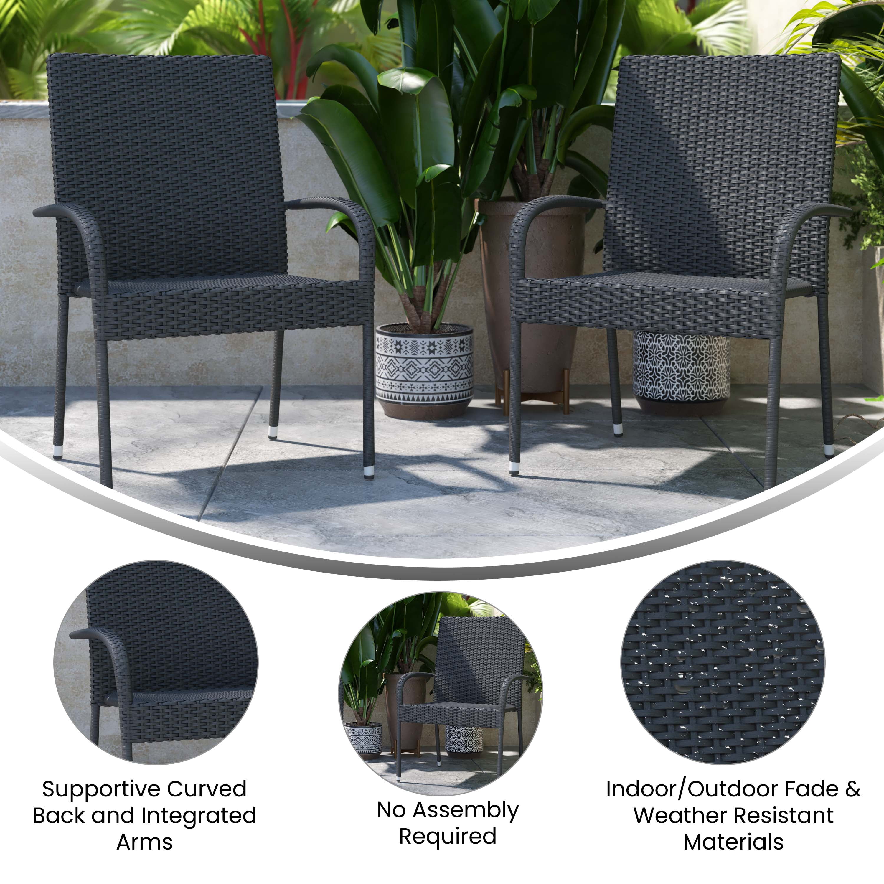 Emma + Oliver Stacking All-Weather Gray Wicker Wrapped Powder Coated Steel Patio Club Chair for Indoor and Outdoor Use - Set of 2