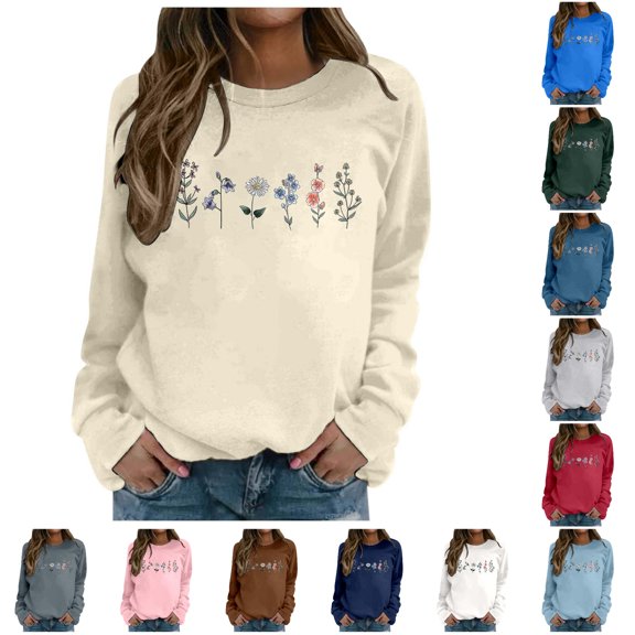 XIAOCHA Womens Floral Graphic Crew Neck Sweatshirt Curved Hem Everyday Pullover Top