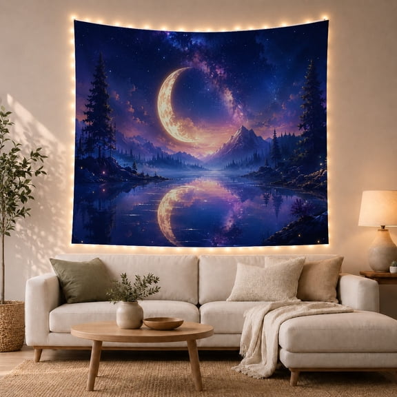 Crescent Moon and Pine Trees Over a Calm Lake, Dreamy Celestial Fantasy for Nature Lovers, Night Sky Art Decor, Birthday Gift, Tapestry Wall Hanging for Bedroom and Living Room