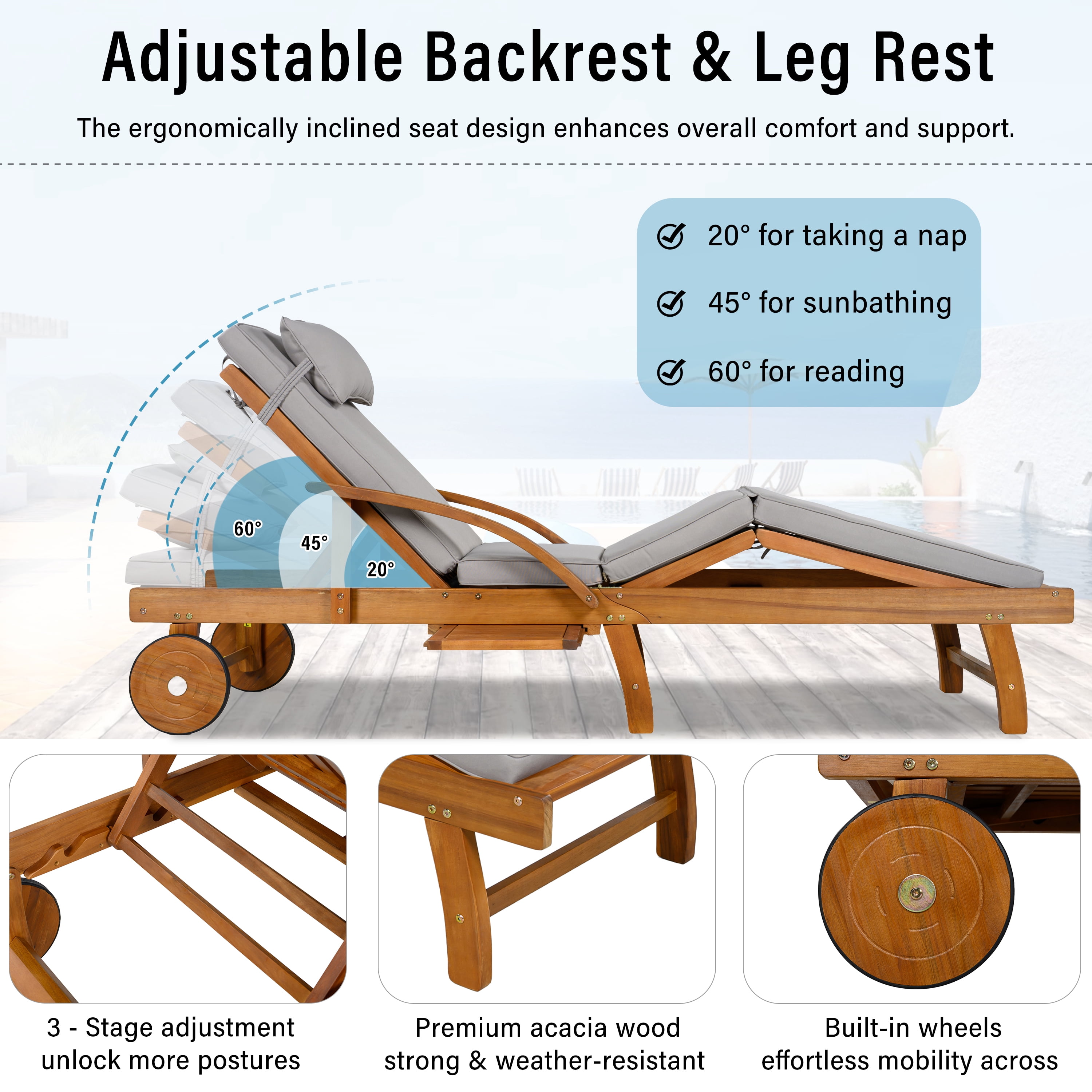 77.5" Acacia Wood Outdoor Patio Chaise Lounge Chairs with Adjustable Backrest and Side Tray
