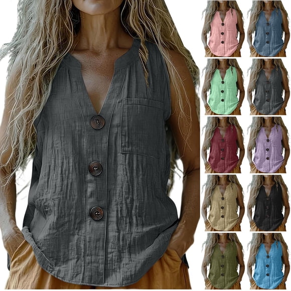 Brqkzdu Button V Neck Tank Top for Women Sleeveless Linen Shirts Casual Lightweight Breathable Beach Vacation Tanks