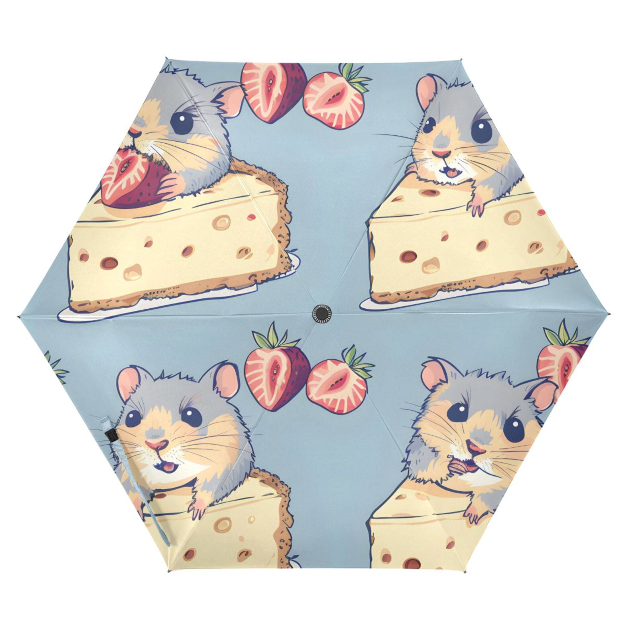 Hamsters Eating Cheesecakes and Strawberries All Weather Umbrella Triple Folding Parasol 6 Ribs UV Protection Portable