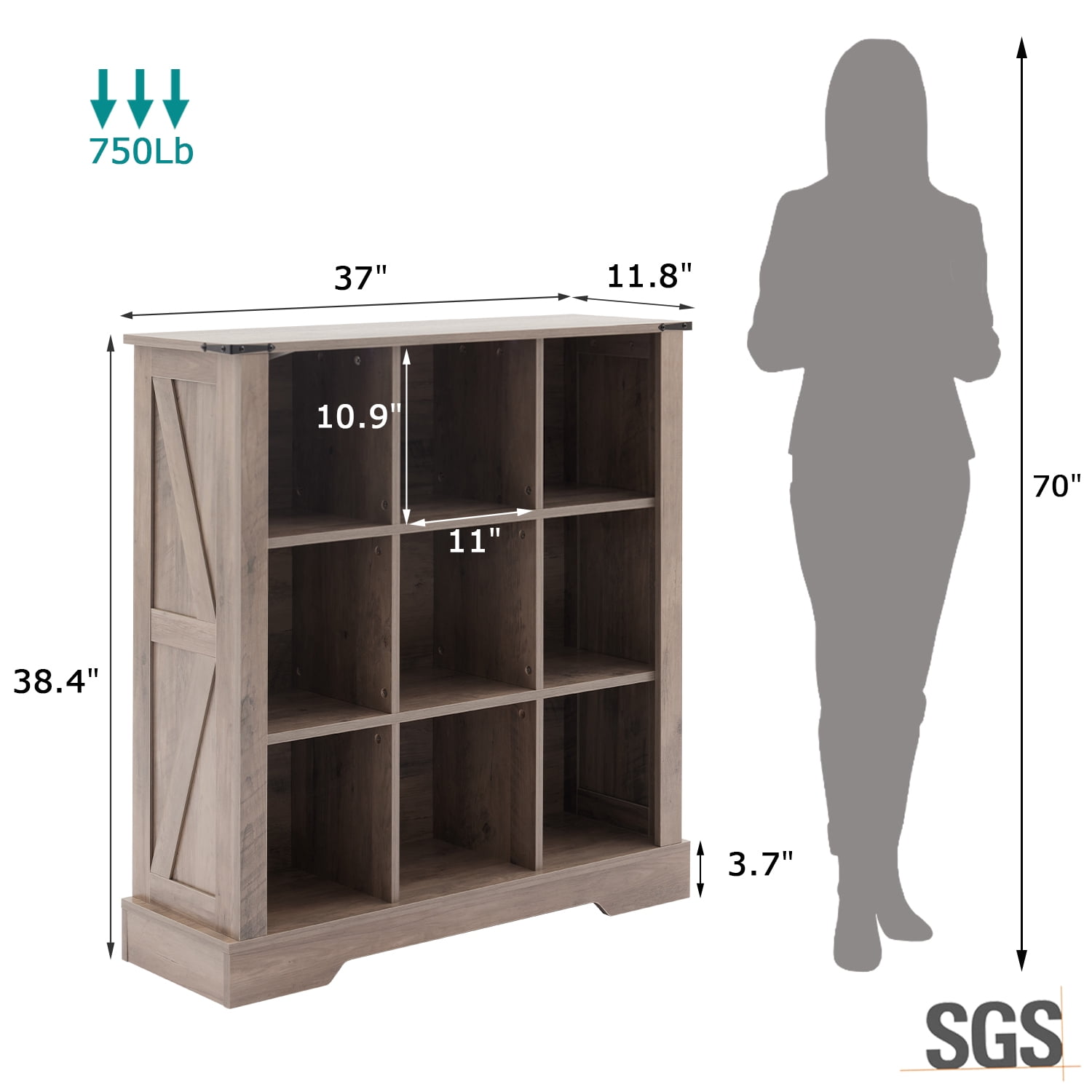 9-Cube LED Bookshelf - Mid-Century Modern Wood Storage Shelf for Bedroom, Living Room & Office, Gray