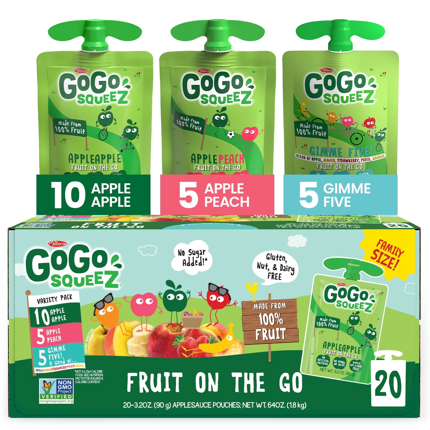 (2 pack) GoGo squeeZ Applesauce and Fruit Puree, Apple Apple, Apple Peach, and Gimme Five! Snack Pouches Variety Pack, 3.2 oz, 20 Pack