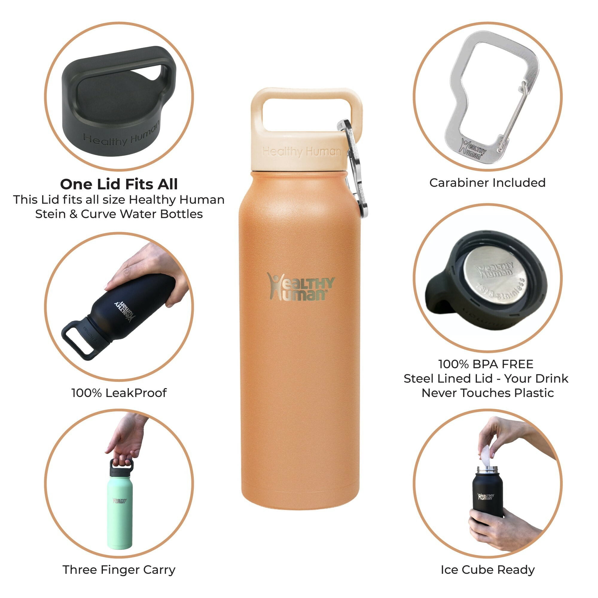 Healthy Human Stainless Steel Water Bottle | Double Walled Vacuum Insulated Water Thermos for Adults | Eco-Friendly Travel Bottles with Leak Proof Lid (Mocha, 21 oz/ 621 ML)