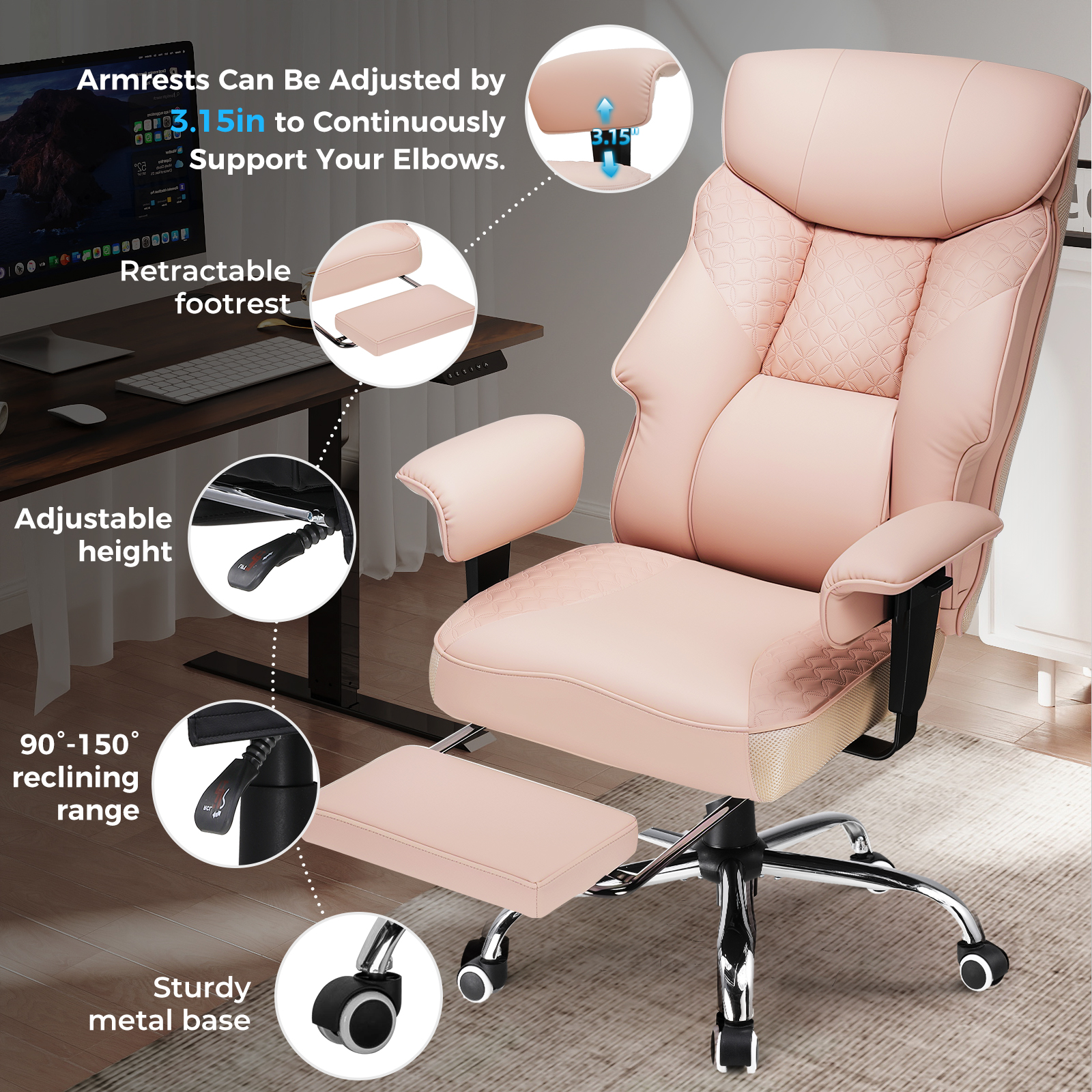 CloudRest Pro 400lbs Executive heavy duty office chair, High Back Ergonomic Computer Desk Chairwith Lumbar Back Support, Pink