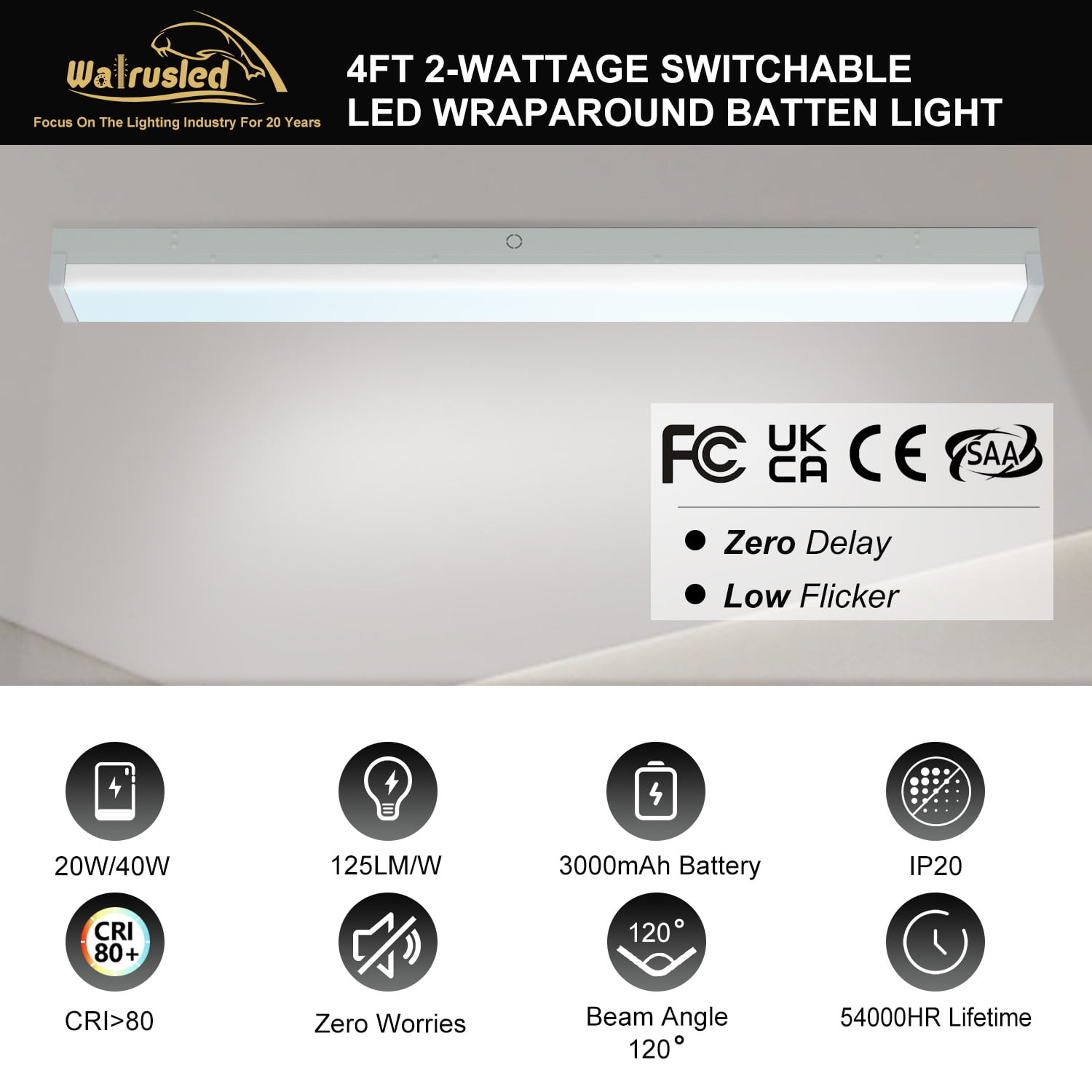 4FT LED Wraparound Emergency Stairwell Light, 2 Watt Selectable, 20W/40W, 2500lm/5000lm, Battery Backup, 5000K, IP20, 100-277V, 4 Foot Flush Mount Commercial LED Wrap Shop Ceiling Light Fixture, FCC