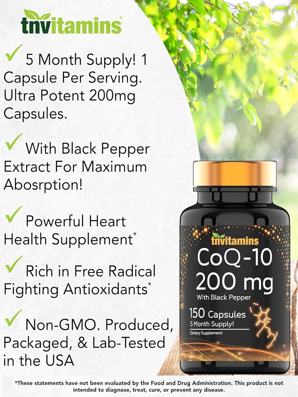 TNVitamins Ultra Potent CoQ-10 (Coenzyme Q-10) 200mg - 150 Capsules with Black Pepper Extract | Potent Antioxidant