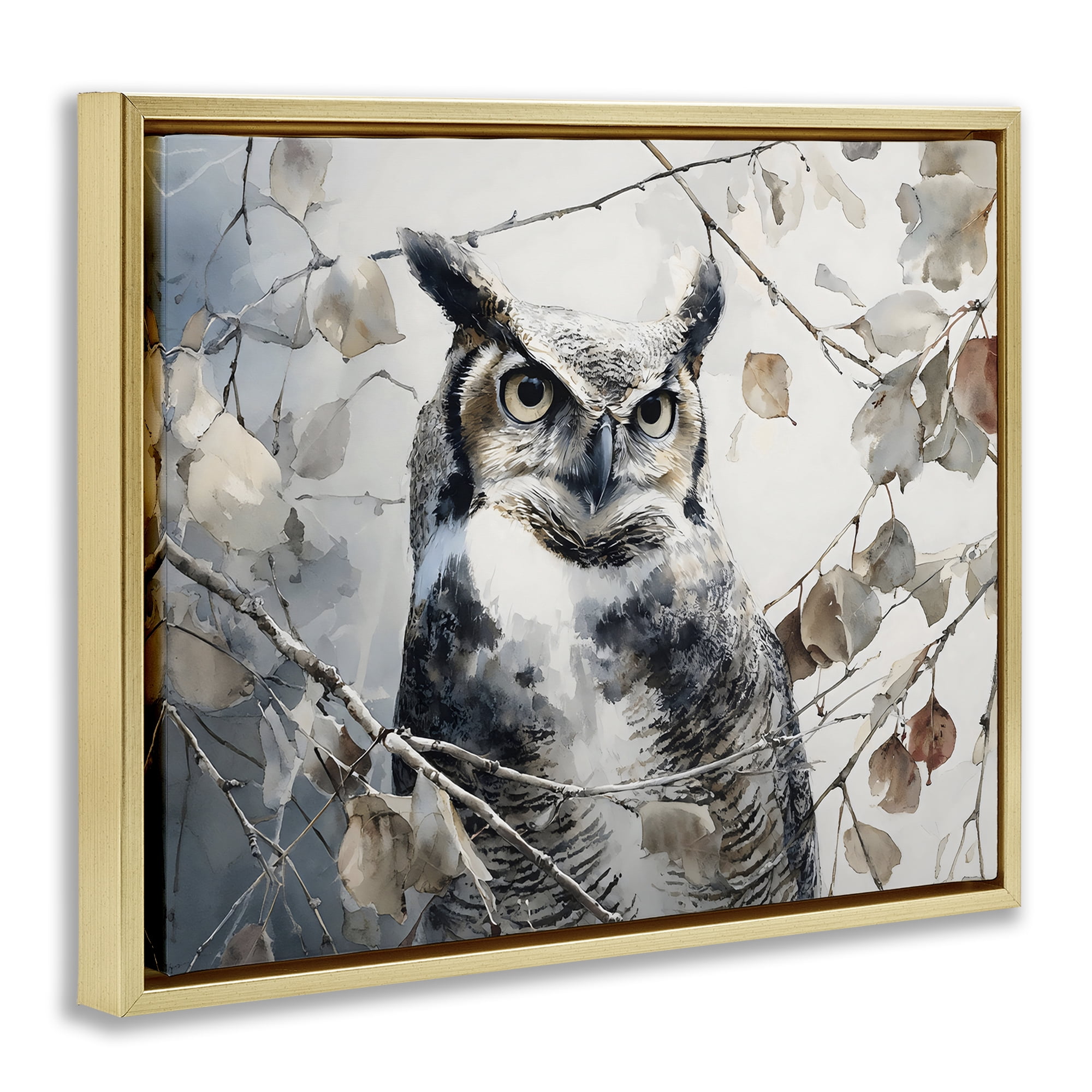 Stupell Industries Horned Owl Perched Gold Framed Floater Canvas Wall Art, design by Franklyn Gregory