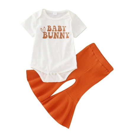 

Toddler Girls Summer Easter Short Sleeve Letter Prints Romper Bodysuit Pants 2Pcs Outfits Set For Children