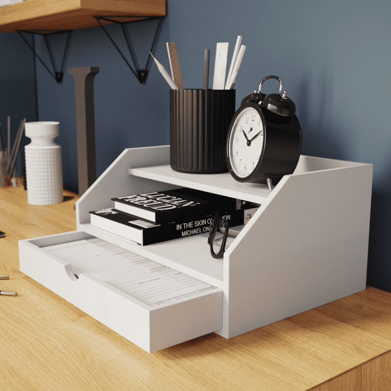 2 Tier Desk Organizer with Drawer Ballucci Color: White