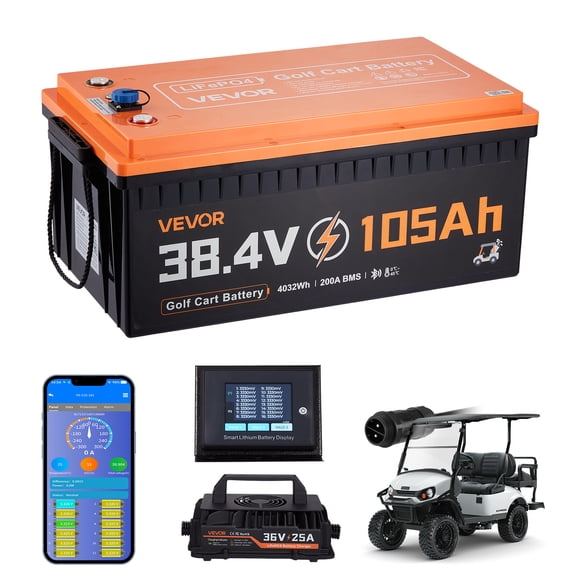 VEVOR 36V (38.4V) 105AH Lithium Golf Cart Battery, with 25A Charger, Lifepo4 Battery Kit, Built-in 200A BMS, with Bluetooth & Touch Monitor, 2C Discharge, 4000 Cycles