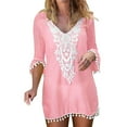 Women Pom Pom Trim Tassel Lace Crochet Swimwear Beach Cover Up Womens