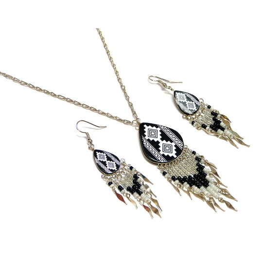 Tribal Pattern Large Teardrop Shaped Ceramic Long Beaded Metal Dangle Earrings with Matching Silver Metal Chain Necklace Set - Womens Fashion Handmade Jewelry Boho Accessories