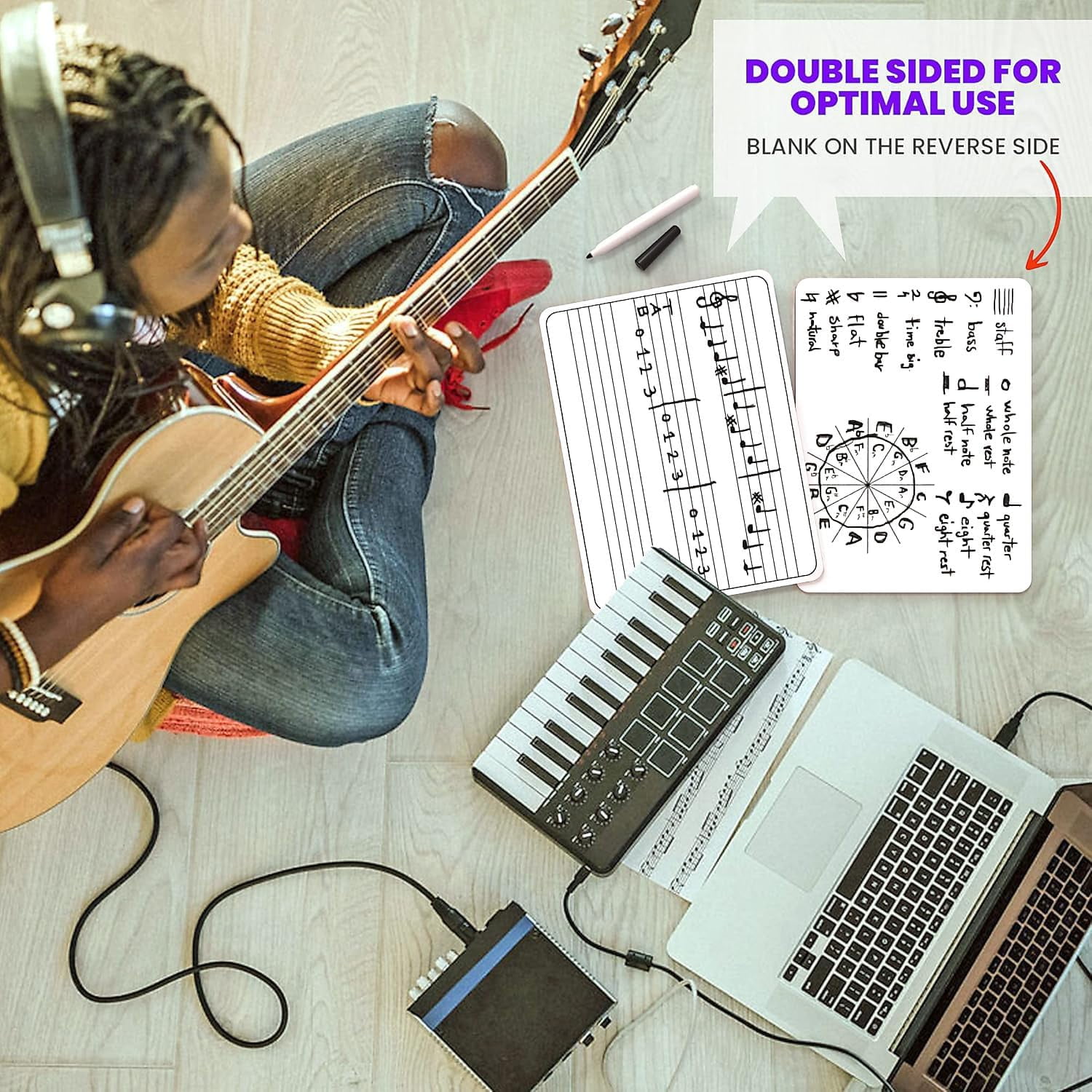 Scribbledo Double Sided Dry Erase Board Music Staff Whiteboard with Erasers, 9” x 12”, 5-Pack