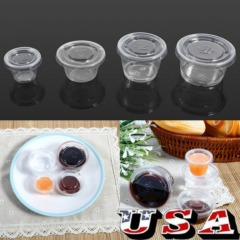 kucoolou 50Pcs/lot 1/1.5 Ounce Small Plastic Disposable Sauce Cups Food  Storage Containers Clear Transparent Package Boxes + Lids (1.5 ounce)