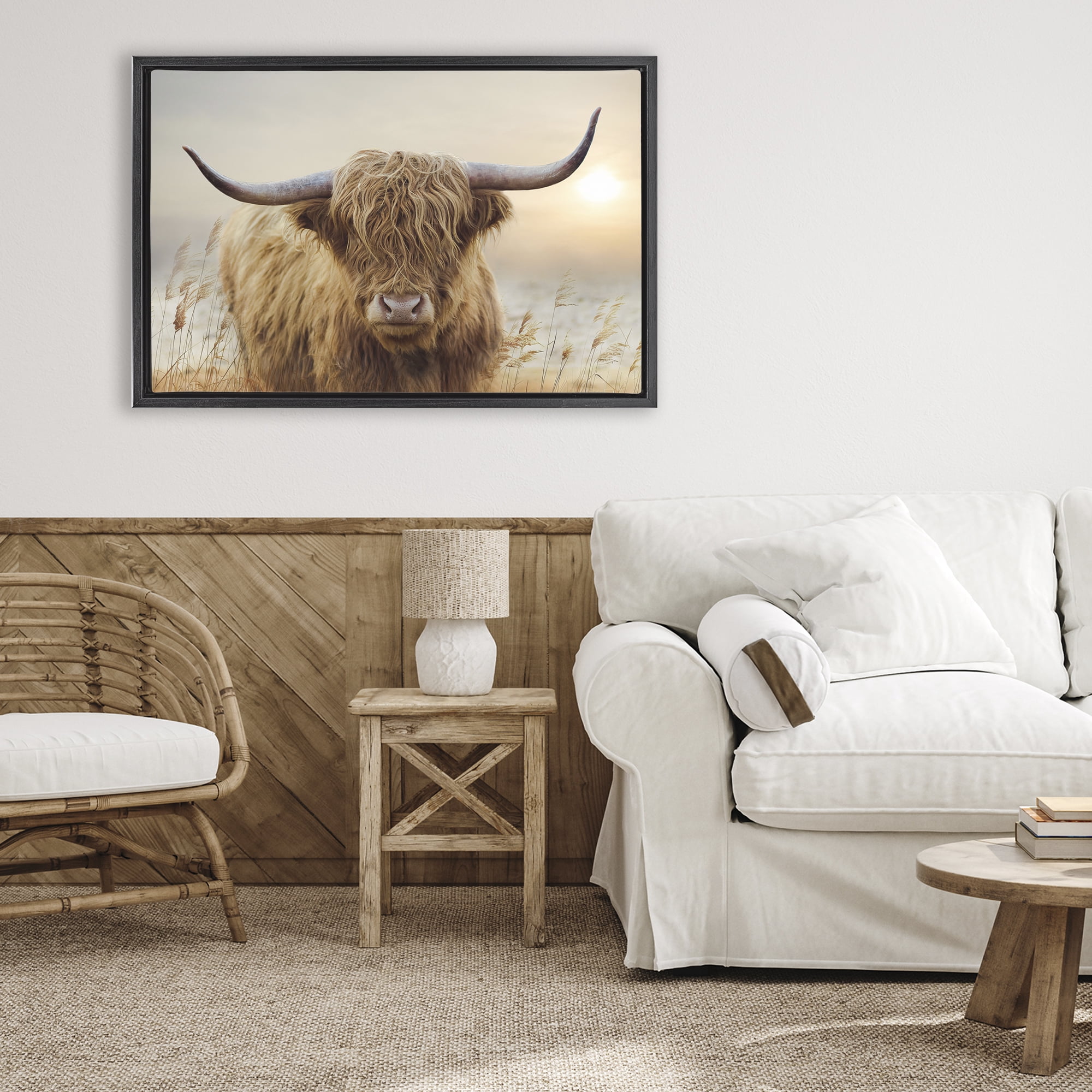 Stupell Industries Highland Cow & Warm Sunset Black Framed Floater Canvas Wall Art, design by CAD Designs