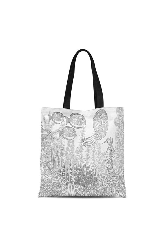Canvas Tote Bag Composition of Tropical Fish Seahorse Calamari Squid Underwater Seaweed Reusable Shoulder Grocery Shopping Bags Handbag
