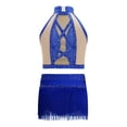 thumbnail image 4 of Haitryli Kids Girls Tassel Dance Outfits Jazz Latin Performance Crop Top with Skirt Set Gymnastics Bodysuit Royal Blue 10, 4 of 5