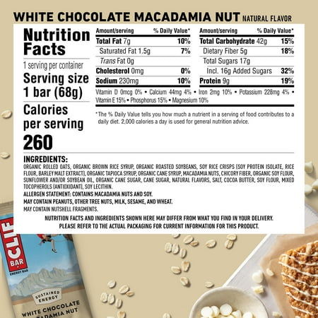 CLIF BAR - White Chocolate Macadamia Nut Flavor - Made with Organic Oats - 9g Protein - Non-GMO - Plant Based - Energy Bars - 2.4 oz. (12 Count)